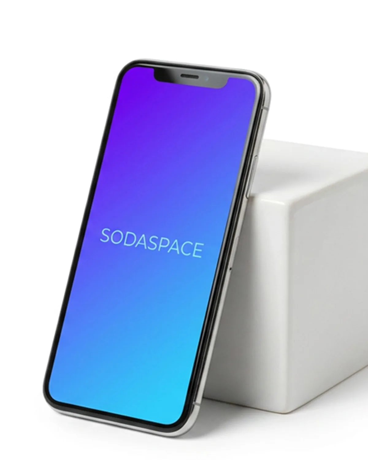 The SODASPACE app open on a phone, showing the brand gradient.