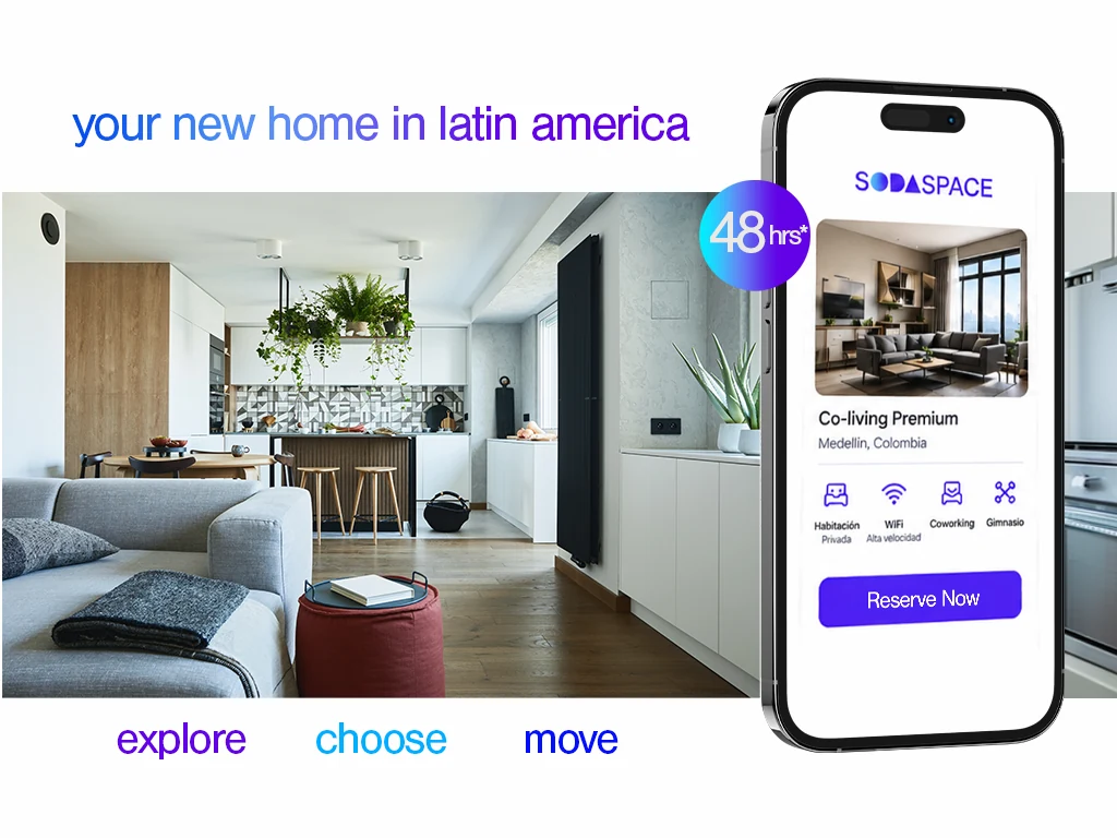 SODASPACE app showing a Co-living Premium listing in Medellín, Colombia, next to a furnished apartment interior. Explore, choose, move.