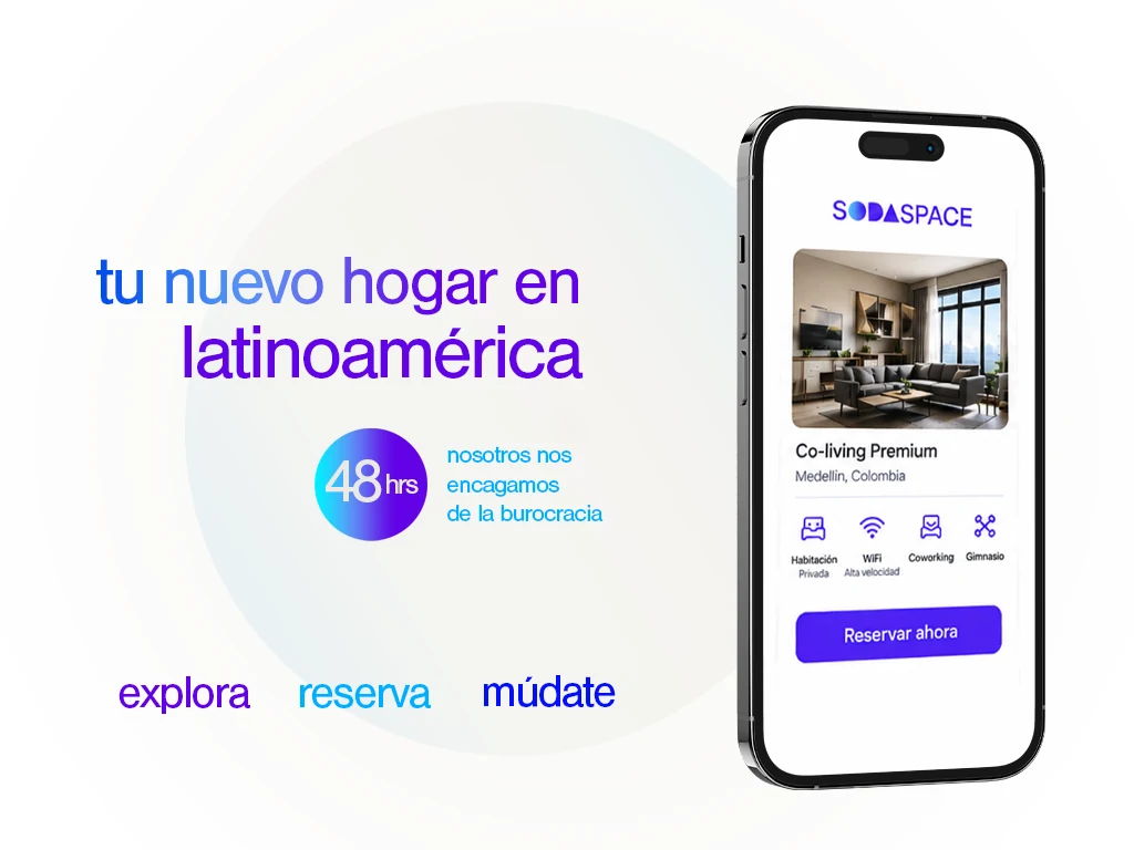 App de SODASPACE mostrando un Co-living Premium en Medellín, Colombia, junto al interior de un apartamento amoblado. Explora, reserva, múdate.