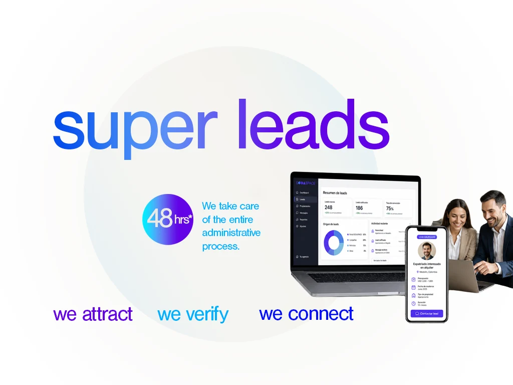 SODASPACE super leads dashboard showing verified lead metrics on a laptop and a qualified expat lead profile on a phone. We attract, we verify, we connect.