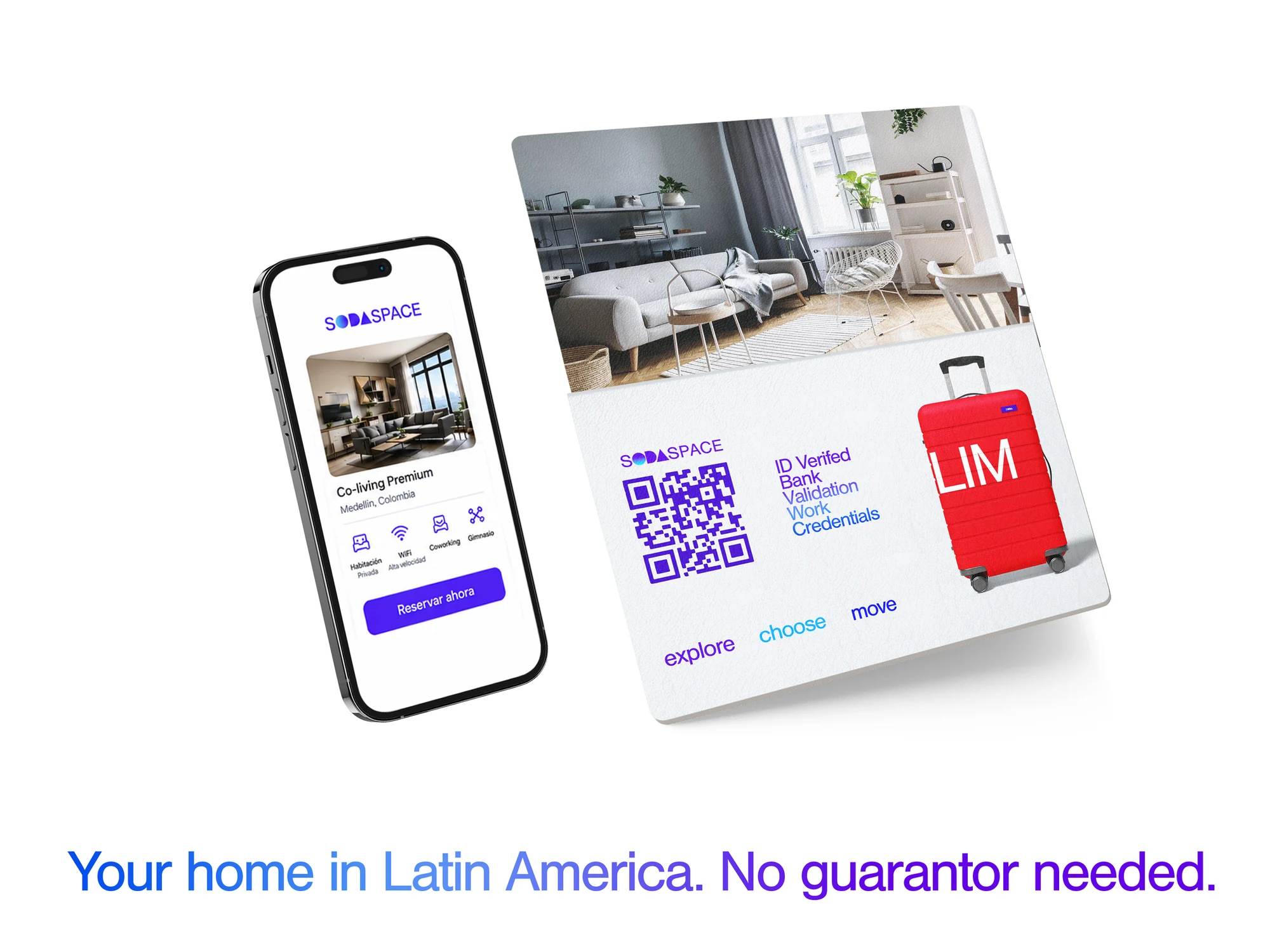 A SODASPACE credential card with a QR code reading ID Verified, Bank Validation and Work Credentials, beside a suitcase tagged LIM.