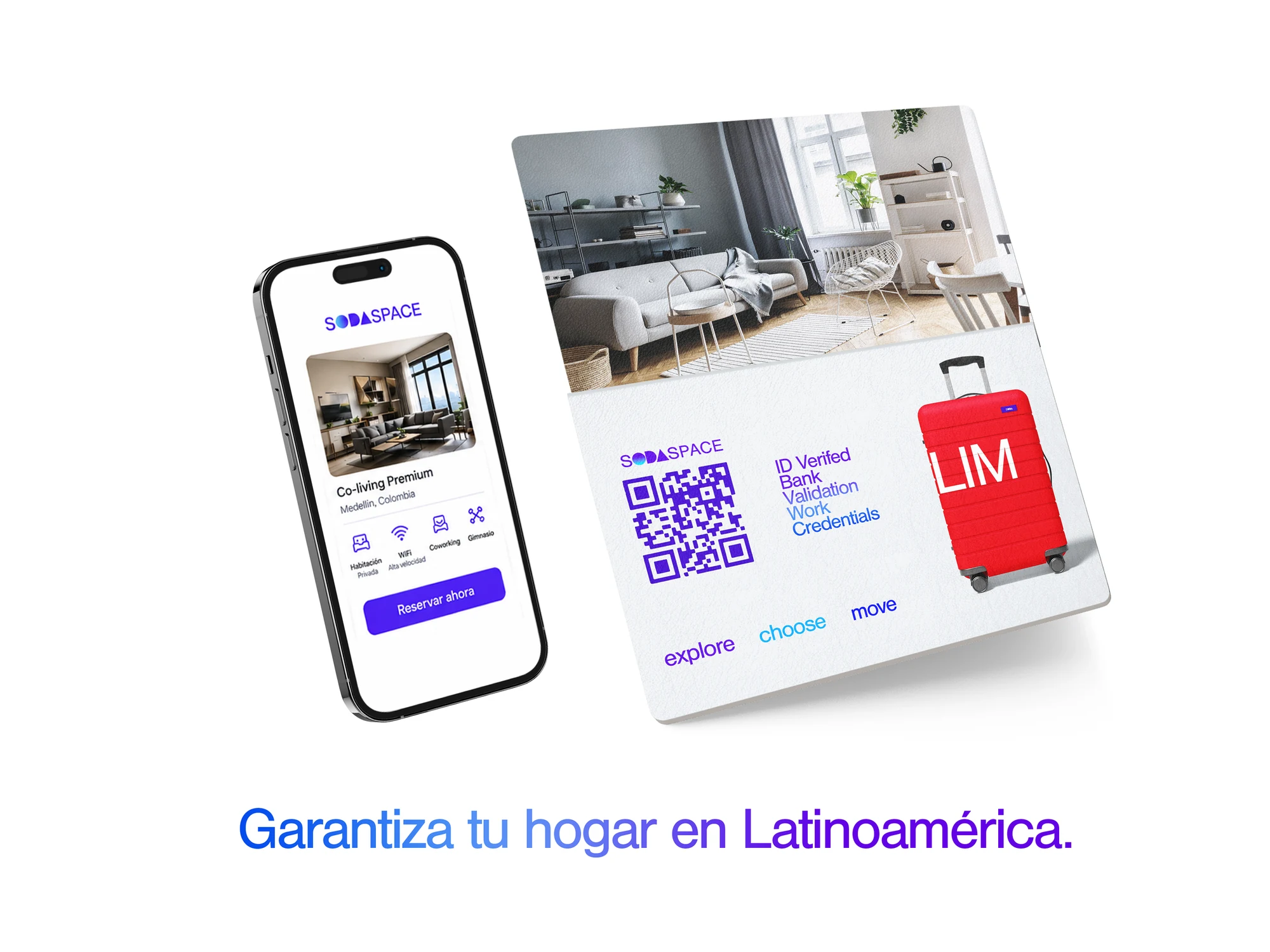 Credencial de SODASPACE con código QR que acredita identidad verificada, validación bancaria y credenciales laborales, junto a una maleta con etiqueta LIM.